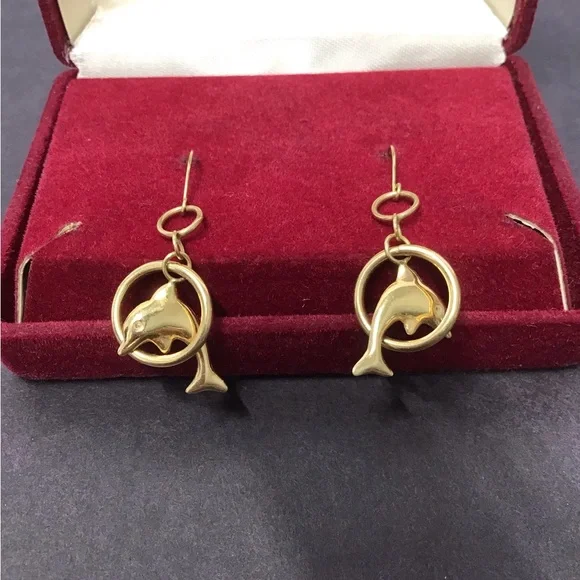 Gold 14k Dolphin jumping through Hoop Drop Earrings Rare vintage ret $850 - Picture 7 of 12